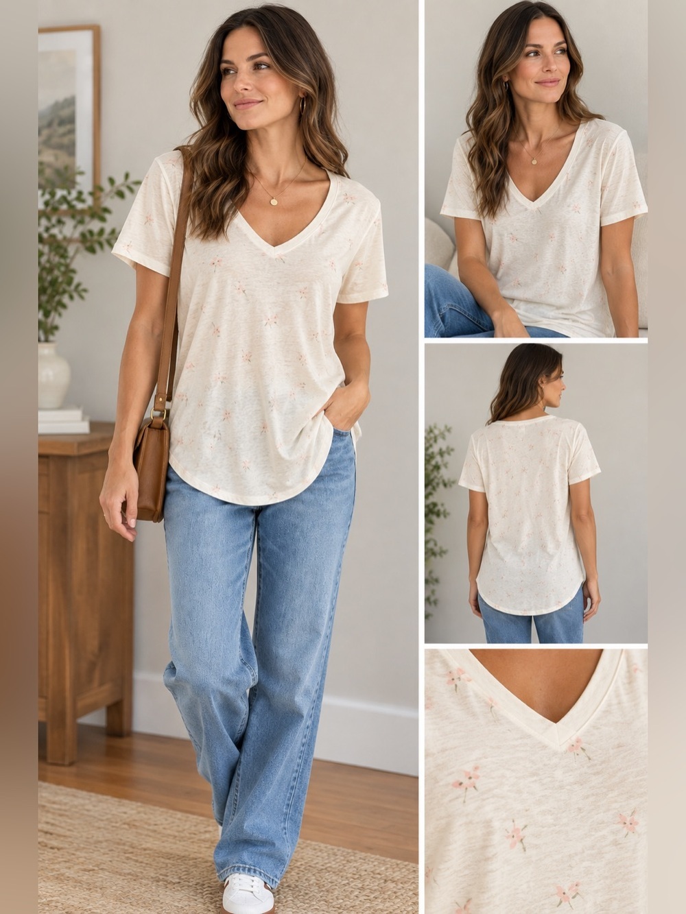 GAP White V-Neck Tee with Floral Accents